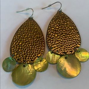 Green and gold dangle earrings